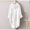 En Stock Nueva Camisa Casual para Mujer Color Sólido Otoño Algodón Lino Cárdigan Bolsillo Doble Manga Larga 7 Colores 8 Tallas
