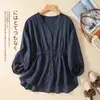 Camisa Pulóver de Algodón y Lino con Cuello en V y Cintura Ajustable para Mujer, Corte Holgado, Adelgazante, Versátil, Moderna Blusa de Algodón y Lino