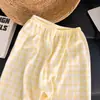 Pijama suave y lindo de niña a cuadros amarillos y blancos con estrellas, algodón nube, talla grande, manga larga, pantalón largo, con cuello, conjunto de dos piezas para casa