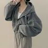 Enviado: Jaqueta jeans curta com capuz, moda chic coreana para mulheres, top vintage solto slim-fit, moderno 18855