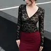 Camisa Base de Encaje Sexy con Cuello en V Cruzado de Manga Larga para Mujer, Top con Diseño de Estilo Maduro y Deseo Puro, Venta al por Mayor Transfronteriza