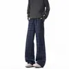 Pantalones a Cuadros Azul Oscuro Retro Americano para Hombre Corte Limpio Casual Micro Acampanados Primavera Alta Calle Pantalones de Pierna Recta Extendida