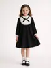 Vestido Longo Preto com Gola de Renda Elegante Laço Estilo Primavera e Outono para Meninas Fonte de Suprimento de Roupas Infantis Transfronteiriças