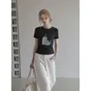 Camiseta Redonda Manga Curta com Estampa de Gatinhos Cinza Escuro Qiaomi para Mulheres, Top Curto Básico de Verão para Mulheres Baixas