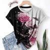 Tops de Camisetas Femininas Transfronteiriças com Estampas Florais, Casual Esportivo Verão Novo Gola Redonda Manga Curta, Solto, Respirável e Leve