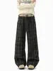 Pantalones casuales a cuadros de diseño retro americano de doble pretina para hombres y mujeres, pantalones holgados de pierna ancha hasta el suelo con cordón