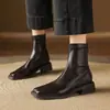 Botas retrô estilo britânico com bico quadrado e stretch, comércio exterior transfronteiriço, botas curtas pretas de salto grosso, botas Martin versáteis e que afinam para mulheres para outono e inverno