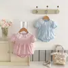 Macacão de Verão Novo para Meninas com Manga Bufante Curta, Wrap, Roupas para Gordas, Macacão Doce de Renda com Gola de Boneca para Bebê