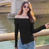T-shirt sexy pura de manga comprida off-shoulder para garota quente, fenda irregular, design de nicho, top slim justo off-shoulder