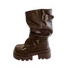 Botas de caña alta tipo tubo para mujer Zapatos de plataforma gruesa para realzar la altura para mujer 2025 Nuevas Botas Retro Maillard Pile para Primavera y Otoño