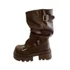Botas Martin com Solado Grosso Maillard para Aumentar a Altura para Mulheres 2025 Novas Botas Slouch Retro para Primavera e Outono Botas de Cano Médio Calça Botas Sapatos Femininos
