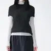 Top de Tricô Minimalista com Costelas Gola Meia-Alta Manga Curta Feminino Outono Nova Chegada Texturizado Tricô Grosso Emagrecedor Cropped