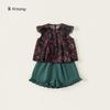 Roupa Infantil Youbao Roupas de Menina Flor Mangas Pequenas Voadoras Roupas de Verão Conjunto de Duas Peças para Bebê Menina Renda Shorts Infantis Terno Infantil