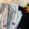 Calça de moletom masculina de inverno, calça cropped casual reta solta da moda, estilo Hong Kong, marca da moda, forrada com fleece, versátil, bonita, calça esportiva