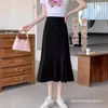 Falda línea A de talla grande para mujer, falda de cola de pez de primavera y verano, falda larga que cubre el vientre y estiliza, falda negra de cintura alta