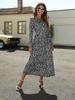 Vestido casual plisado arrugado de manga larga con cuello redondo y estampado de leopardo vintage para mujer, talla grande XL