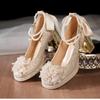 Zapatos de Tacón Alto para Mujer 2025 Nuevo Estilo Lazo de Pedrería Nuevo Estilo Chino Cadena de Perlas Punta Cuadrada Boca Escotada Tacón Grueso