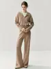 Traje de cachemira de punto gofre estilo old money para mujer, cárdigan holgado con capucha, pantalones de pierna ancha, abrigo grueso de punto para otoño e invierno, estilo casual
