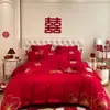 Conjunto de quatro peças para casamento, 100% algodão, vermelho vivo, para camas de noivos, incluindo lençóis e fronhas de edredom, alta qualidade, algodão puro, perfeito para o quarto de recém-casados