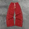 Calça Wide-Leg Preta com Cordão na Cintura Elástica, Bordas Desfiadas, Estilo Streetwear Americano Moderno Transfronteiriço, Padrão de Estrela com Strass e Rosa, Unissex
