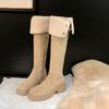 Versão em Pele de Ovelha~Novos Botas de Lã de Cordeiro de Salto Grosso Meio-Altas Acima do Joelho Longas para Mulheres Outono e Inverno Botas Elásticas