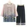 Traje de verano para mujer de mediana edad y anciana, estilo extranjero, abuela de siete mangas, estilo nacional, conjunto de dos piezas, madre de 70 años, nuevo conjunto chino de dos piezas