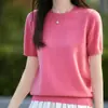 Blusa de manga curta, gola redonda, lisa, cor sólida, estilo coreano, corte reto, com mangas bufantes, 100% lã, adequada para usar em camadas, disponível para dropshipping