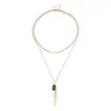 Joyería Transfronteriza Europea y Americana Colgante de Doble Barra con Diamante Negro Cadena Fina Collar para Mujer Estilo Ins Doble Capa Cristal Versátil Collar de Oficina