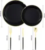 Conjunto de louça descartável para 25 pessoas: pratos de plástico rígido PS com acabamento preto e dourado, pratos brancos, taças de vinho e um conjunto de facas, garfos e colheres