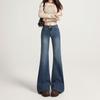 Jeans Retro Azul com Manchas de Cimento de Cintura Baixa Levemente Flare para Mulheres Calças Flare Elásticas Antiaderentes para Pernas