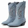 Botas occidentales nuevas para mujer de comercio exterior europeo y americano 2026, con punta fina, bordadas en mezclilla, con tacón alto grueso para mujer