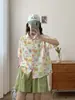 Camisa con Cuello de Muñeca para Mujer Verano Estilo Coreano y Japonés Holgada Estilo Harajuku Pintura al Óleo Graffiti Bolsillo Manga Corta Top Camisa