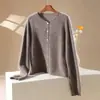 Novo cardigã de tricô com gola redonda e borda enrolada de lã cashmere para outono e inverno, suéter feminino de lã escovada de manga comprida na cor amarelo pena