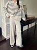 Traje de moda para mujer estilo coreano holgado a rayas top de punto de dos piezas casual cintura alta sentido de caída pantalones de punto de pierna ancha