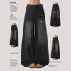 Jeans de Pierna Ancha Bordados Negros para Mujer 2026 Tendencia Versátil Nuevos Holgados Adelgazantes Rectos Largos Hasta el Suelo