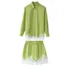 Comercio Exterior 2026 Verano Nuevo Estilo Europeo y Americano Moda Femenina Casual Holgado Encaje Color Sólido Patchwork Conjunto de Camisa y Pantalones Cortos