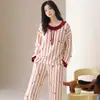 Conjunto de Pijama Feminino 100% Algodão para Primavera e Outono, Manga Longa Calça Longa, Pode Ser Usado Fora de Casa, Estilo Coreano Casual Listrado Conjunto de Roupa de Casa