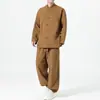 Nuevo Traje Chino con Botón de Rana Jacquard Geométrico en Relieve Cuello Alto Estilo Chino para Hombre Holgado Tallas Grandes Ropa para Ceremonia de Té Zen Conjunto de Dos Piezas
