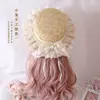 Lolita artesanal original elegante chapéu de palha cor natural cla margarida renda laço chapéu de palha flor casamento chapéu de sol
