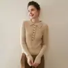 Suéter Puro Cashmere para Mulheres com Gola Reversível, Suéter Elegante e Intelectual com Gola Polo, Camisa Base de Malha Canelada Slim Fit