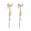Pendientes de Borla de Perla con Lazo de Circonita de Lujo Ligero de Gama Alta Estilo Francés, Diseño Exquisito Versátil, Estilo Largo, Pendientes con Efecto Adelgazante