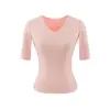 7707-26 Camiseta Básica Lisa com Decote V de Manga Média, Estilo Coreano de Verão, Slim Fit, Cor Doce