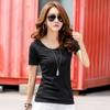 Camiseta de Manga Corta para Mujer, Color Sólido, Estilo Coreano, Corte Ajustado, Cuello Redondo, 95% Algodón, Morado, Disponible para Mayorista, Estilo Delgado con Decoración Tridimensional