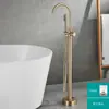 Grifo de Bañera de Pie Transfronterizo Acabado Oro Cepillado, Grifo de Borde de Bañera Completamente de Cobre, Grifo de Ducha de Agua Fría y Caliente para Baño de Pie