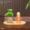 Nuevo arreglo floral Zen estilo chino, figura de monje pequeño, monje novicio pequeño de resina, mesa de centro, escritorio, planta de moneda de cobre, juego de jarrón de flores hidropónicas