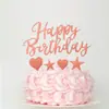 Bandeirinha de Bolo Feliz Aniversário Ouro Rosé Estrela Estrela de Cinco Pontas Cartão Papel com Glitter Glitter Assando Sobremesa