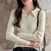 Suéter de tricô feminino com gola polo, cor sólida, novo estilo coreano, elegante, adequado para sobreposição, preto, tamanho único, algodão