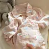 Nuevo Estilo de Verano~ Pantalones Cortos de Manga Corta con Cuello Peter Pan, Pijama de Gasa de Doble Capa 100% Algodón Grado A, Ropa para Casa, Dibujo Animado Lindo de Gasa
