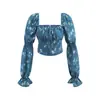 Camisa de Manga Larga Estampada Tie-Dye de Cuadrado de Cuello Alto Estilo Europeo y Americano Chica Caliente Nueva de Primavera para Mujer Top Corto Ajustado para Vacaciones