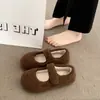 Zapatos fuzzy tipo Mary Jane para mujer, nuevos estilos de otoño e invierno, de suela suave, con cierres de velcro, diseño de cuento de hadas, forrados de felpa para abrigar, de suela plana y fáciles de poner.